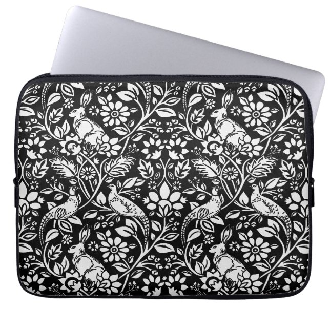 Pheasant and Hare Pattern, Black and White  Laptop Sleeve (Front)