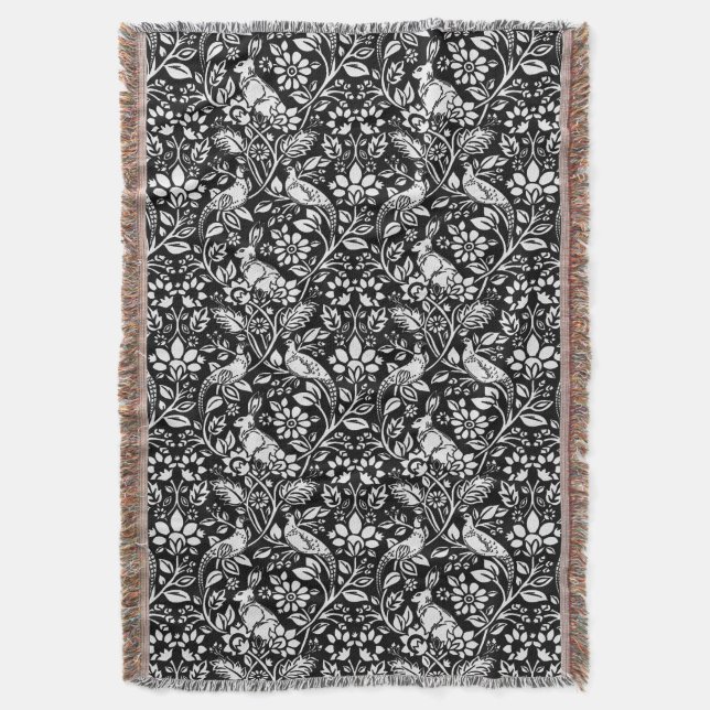 Pheasant and Hare Pattern, Black and White  Throw Blanket (Front Vertical)