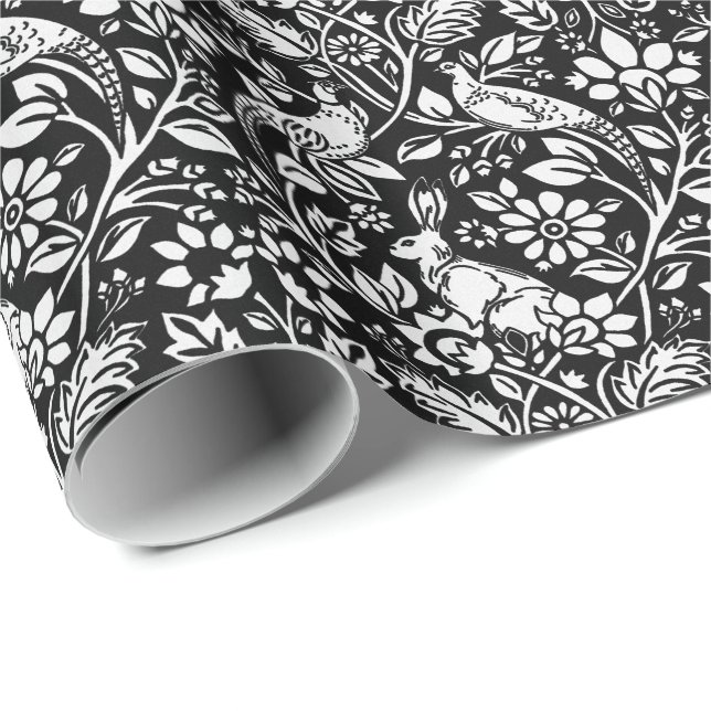 Pheasant and Hare Pattern, Black and White  Wrapping Paper (Roll Corner)