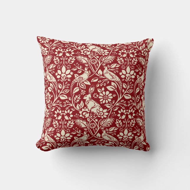 Pheasant and Hare Pattern, Deep Red and Cream Cushion (Front)