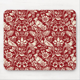 Pheasant and Hare Pattern, Deep Red and Cream Mouse Pad