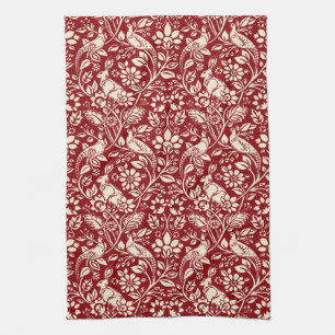 Pheasant and Hare Pattern, Deep Red and Cream  Tea Towel