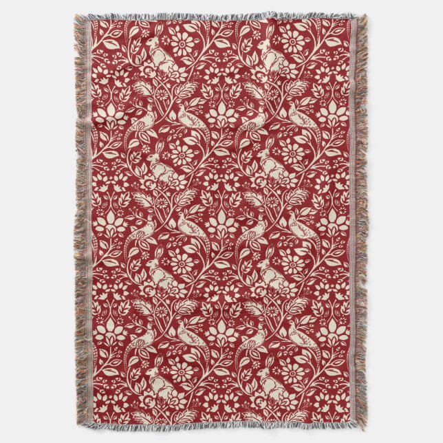 Pheasant and Hare Pattern, Deep Red and Cream   Throw Blanket (Front Vertical)