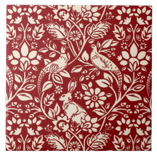 Pheasant and Hare Pattern, Deep Red and Cream Tile