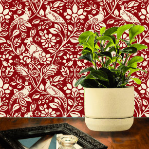 Pheasant and Hare Pattern, Deep Red and Cream  Wallpaper