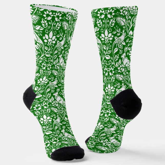 Pheasant and Hare Pattern, Emerald Green and White Socks (Angled)