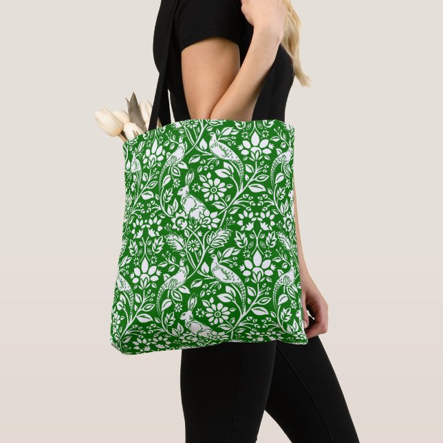 Pheasant and Hare Pattern, Emerald Green and White Tote Bag (Close Up)