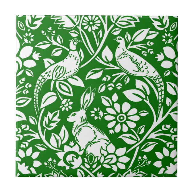 Pheasant and Hare Pattern, Emerald Green & White Tile (Front)