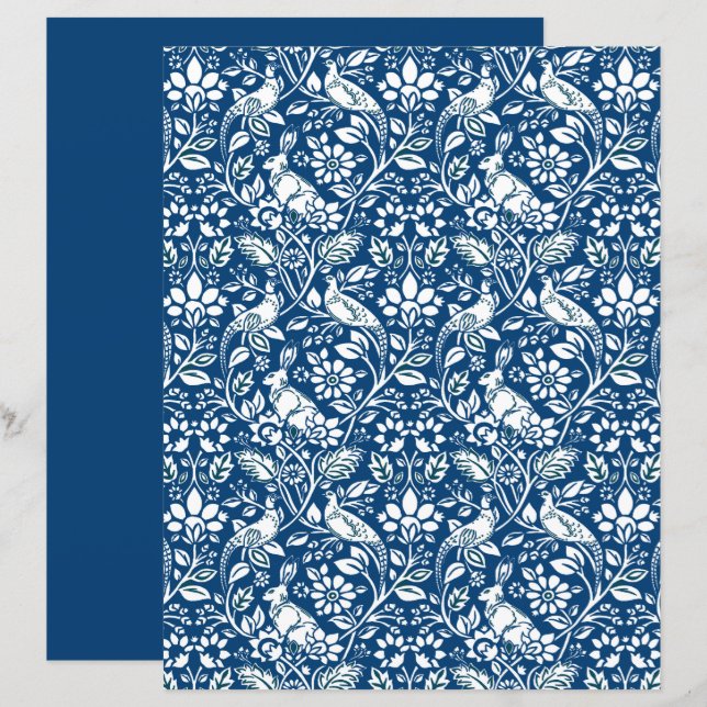 Pheasant and Hare Pattern, Indigo Blue and White (Front/Back)