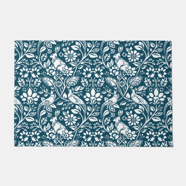 Pheasant and Hare Pattern, Indigo Blue and White D Doormat (Front)