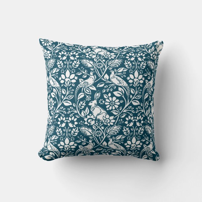 Pheasant and Hare Pattern, Indigo Blue & White Cushion (Front)