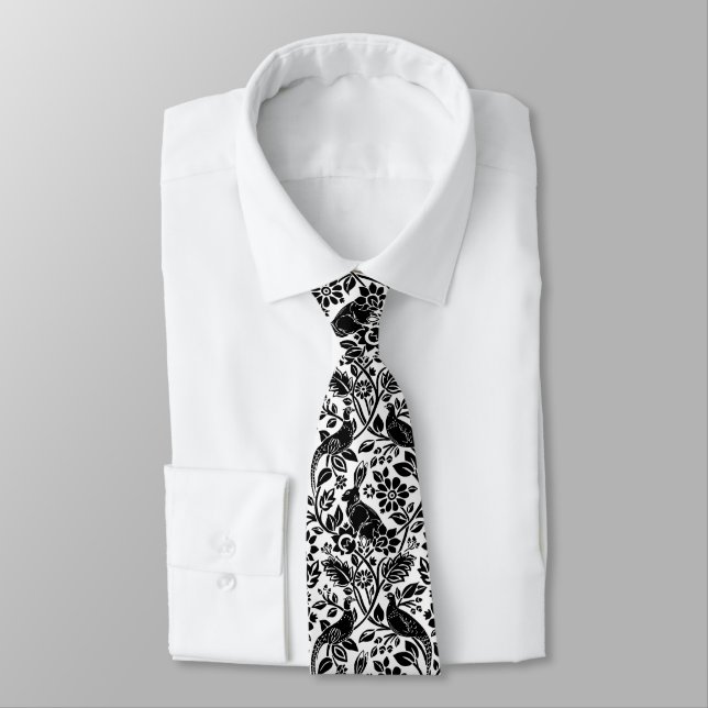 Pheasant and Hare Pattern, White and Black  Tie (Tied)