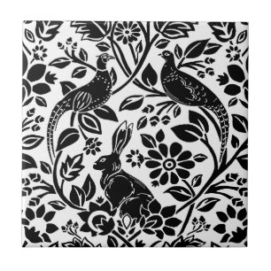 Pheasant and Hare Pattern, White and Black Tile