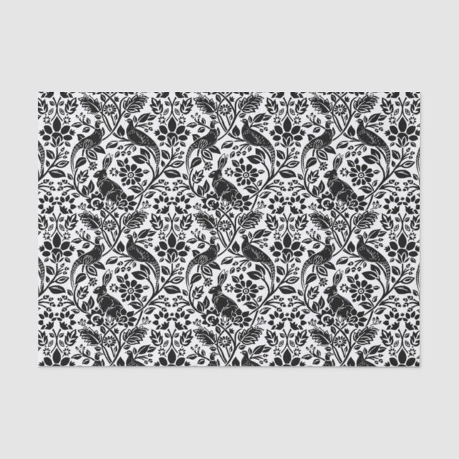 Pheasant and Hare Pattern, White and Black   Tissue Paper (Front)