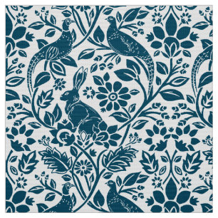 Pheasant and Hare Pattern, White and Dark Blue  Fabric