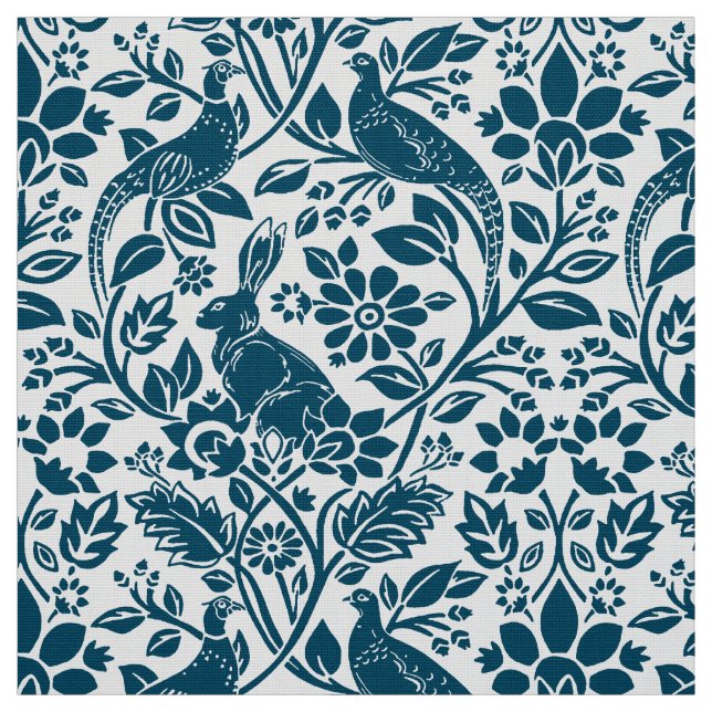 Pheasant and Hare Pattern, White and Dark Blue  Fabric (Swatch)