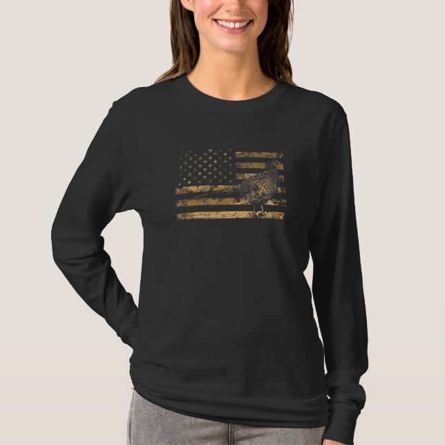 Pheasant Bird Hunter American Flag Camouflage Phea T-Shirt (Front)