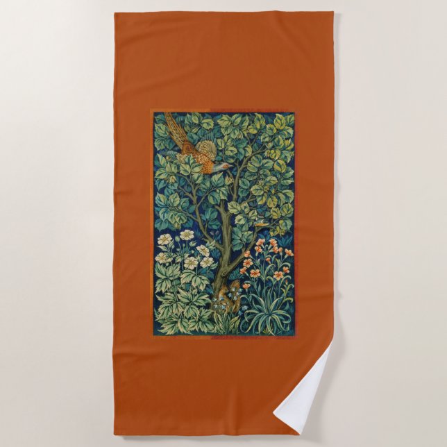 Pheasant Bird in a Tree (by William Morris) Beach Towel (Front)