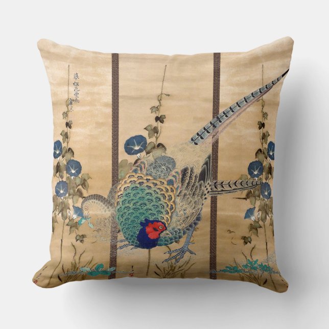 Pheasant Birds Morning Glory Flowers Throw Pillow (Front)