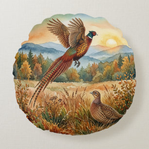 Pheasant Forever . Watercolor art Round Cushion