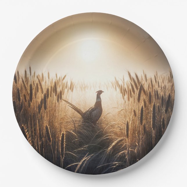 Pheasant in an Autumn Wheat Field Paper Plate (Front)