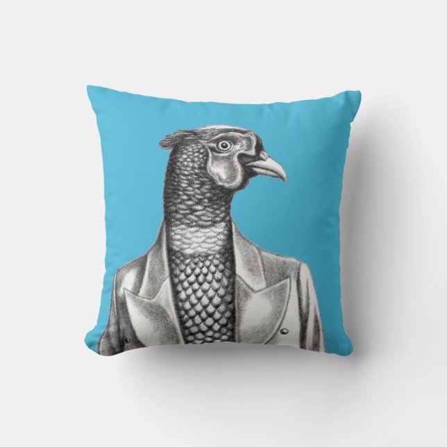 Pheasant in Smart Jacket (Old-School Blue) Cushion (Front)