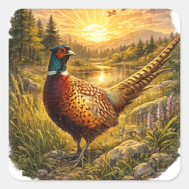 Pheasant Sunset Hunting Bird Wildlife Gift Square Sticker (Front)
