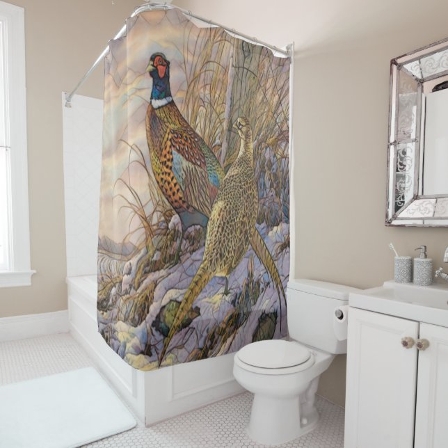 Pheasant Tapestry Poster Triptych Button Keychain  Shower Curtain (In Situ)