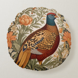 Pheasant Vintage Floral William Morris Inspired  Round Cushion