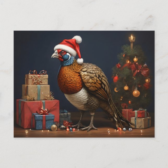 pheasant with christmas tree and presents postcard (Front)