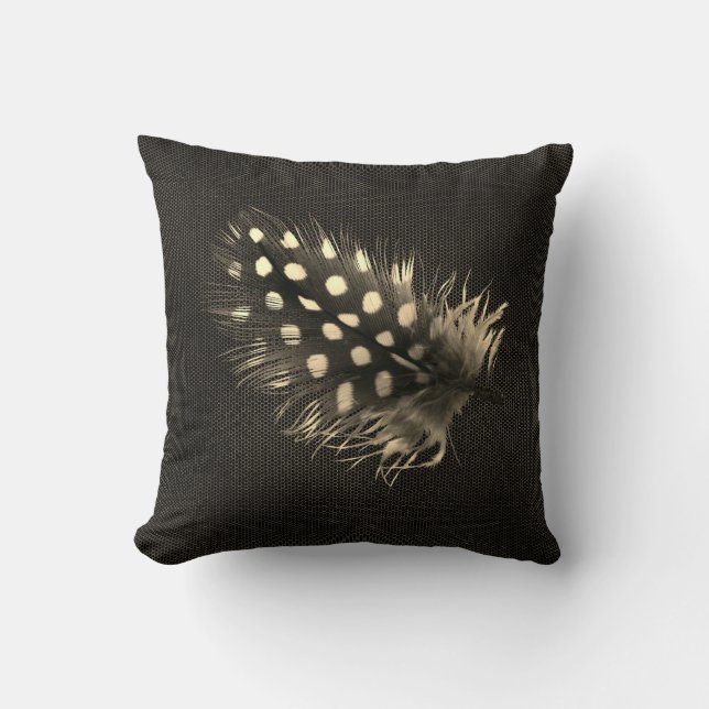 Pheasant's Feather Warm Sepia Black Beige Cushion (Front)