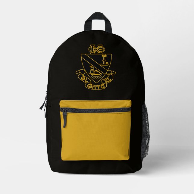 Phi Chi Theta Crest | Gold and Black Printed Backpack (Front)