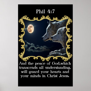 Phil 4:7 Wolves looking into the full moon. Poster