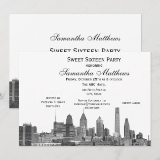Philadelphia Black Etched Look Skyline Sweet 16 Invitation