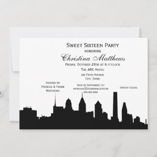 Philadelphia Black Skyline Silhouette Sweet 16 Invitation