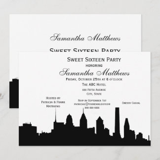 Philadelphia Black Skyline Silhouette Sweet 16 Invitation
