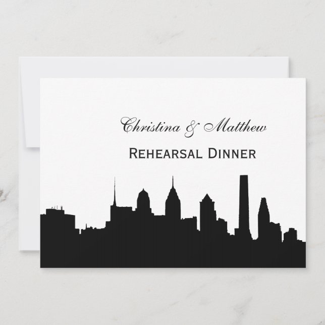 Philadelphia Blk Skyline Silhouette Rehearsal Din Invitation (Back)