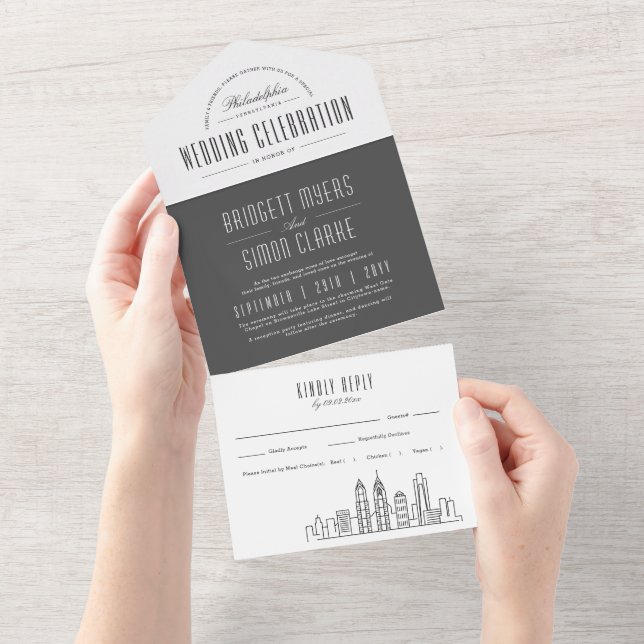 Philadelphia Deco Skyline | Grey-Style Wedding All In One Invitation (Tearaway)