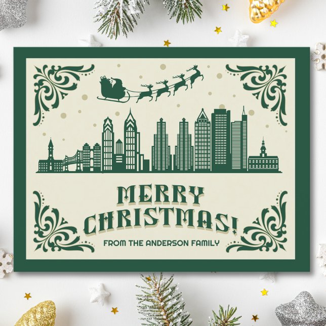 Philadelphia PA Skyline Christmas Holiday Postcard (Philadelphia, PA skyline christmas card green modern merry christmas postcard with custom details)