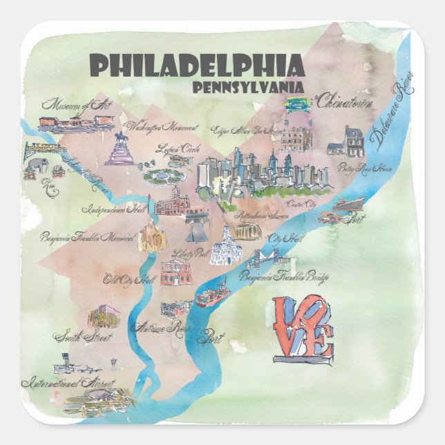 Philadelphia Pennsylvania Retro Vintage Art Map Square Sticker (Front)
