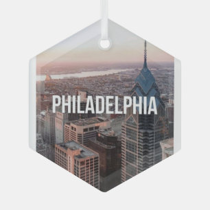 Philadelphia Skyline Aerial View Typography Urban Glass Tree Decoration