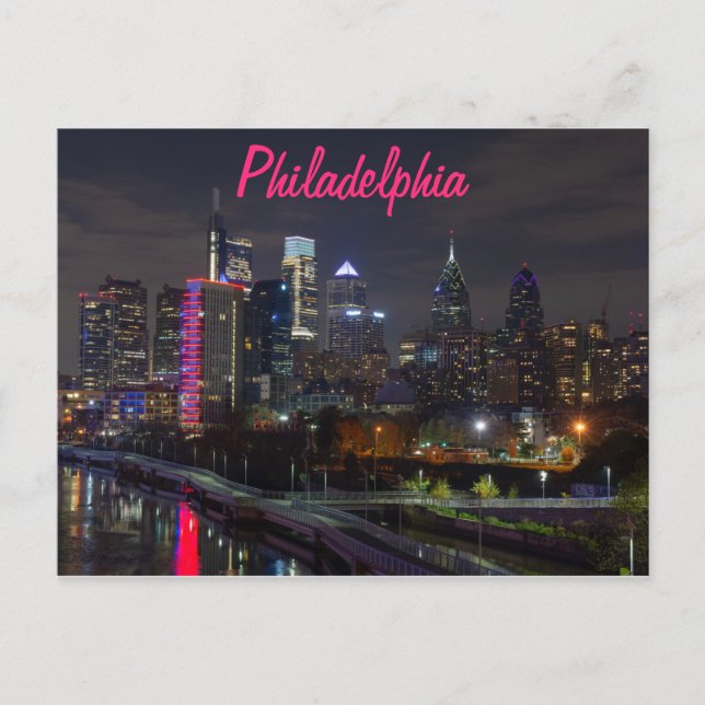 Philadelphia skyline at night postcard (Front)