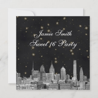 Philadelphia Skyline Black Gold Star Sweet 16 Invitation