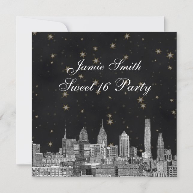 Philadelphia Skyline Black Gold Star Sweet 16 Invitation (Front)