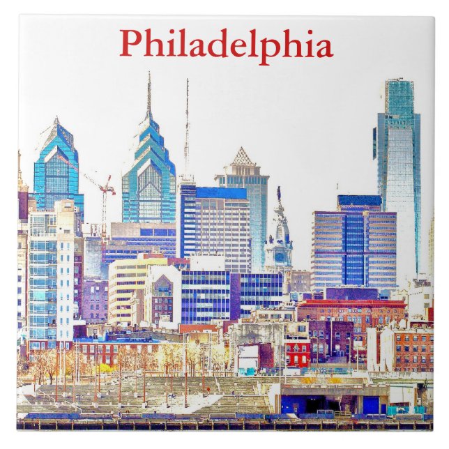 Philadelphia Skyline Colour Sketch Tile (Front)
