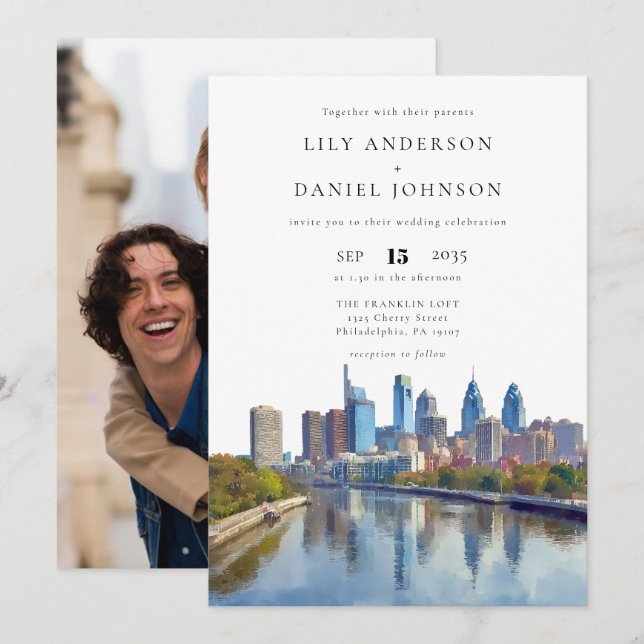 Philadelphia Skyline Destination Photo Wedding Invitation (Front/Back)