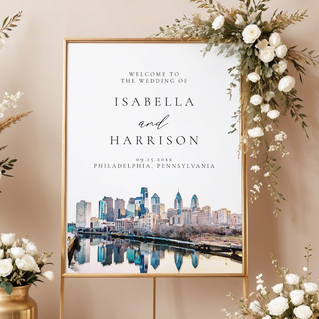 PHILADELPHIA Skyline Destination Wedding Welcome Poster (Watercolor Philadelphia City Skyline Destination Wedding Welcome Sign)