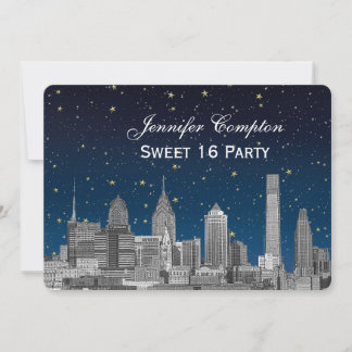 Philadelphia Skyline Etch Blue Starry Sweet 16 H Invitation