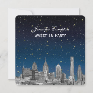 Philadelphia Skyline Etch Blue Starry Sweet 16 H Invitation