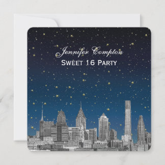 Philadelphia Skyline Etch Blue Starry Sweet 16 H Invitation